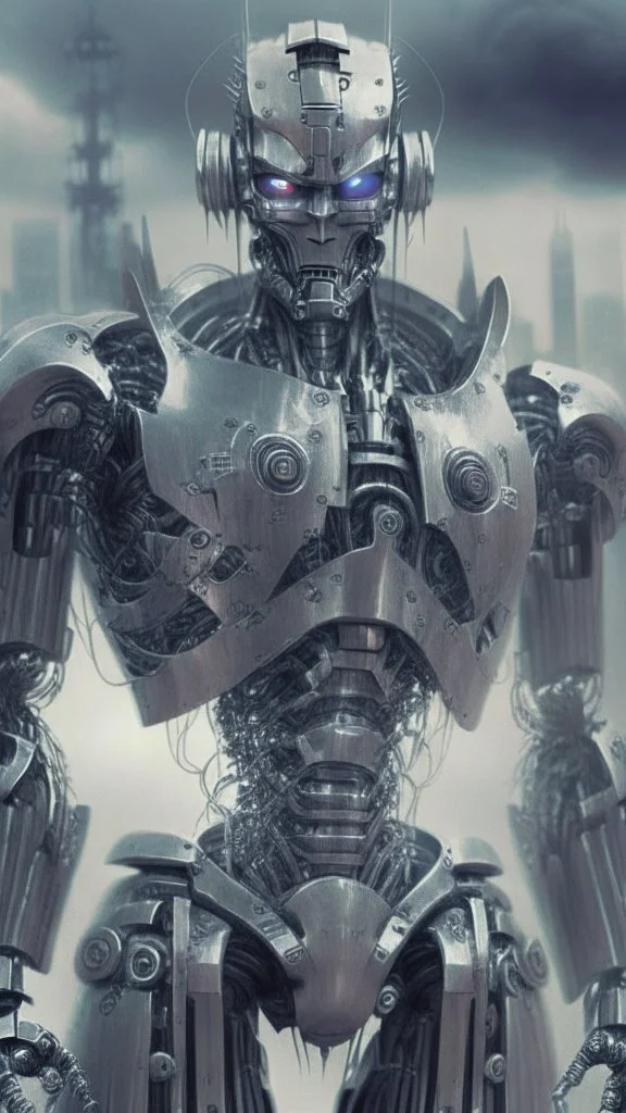 evil robot with silver body, robot army in the background