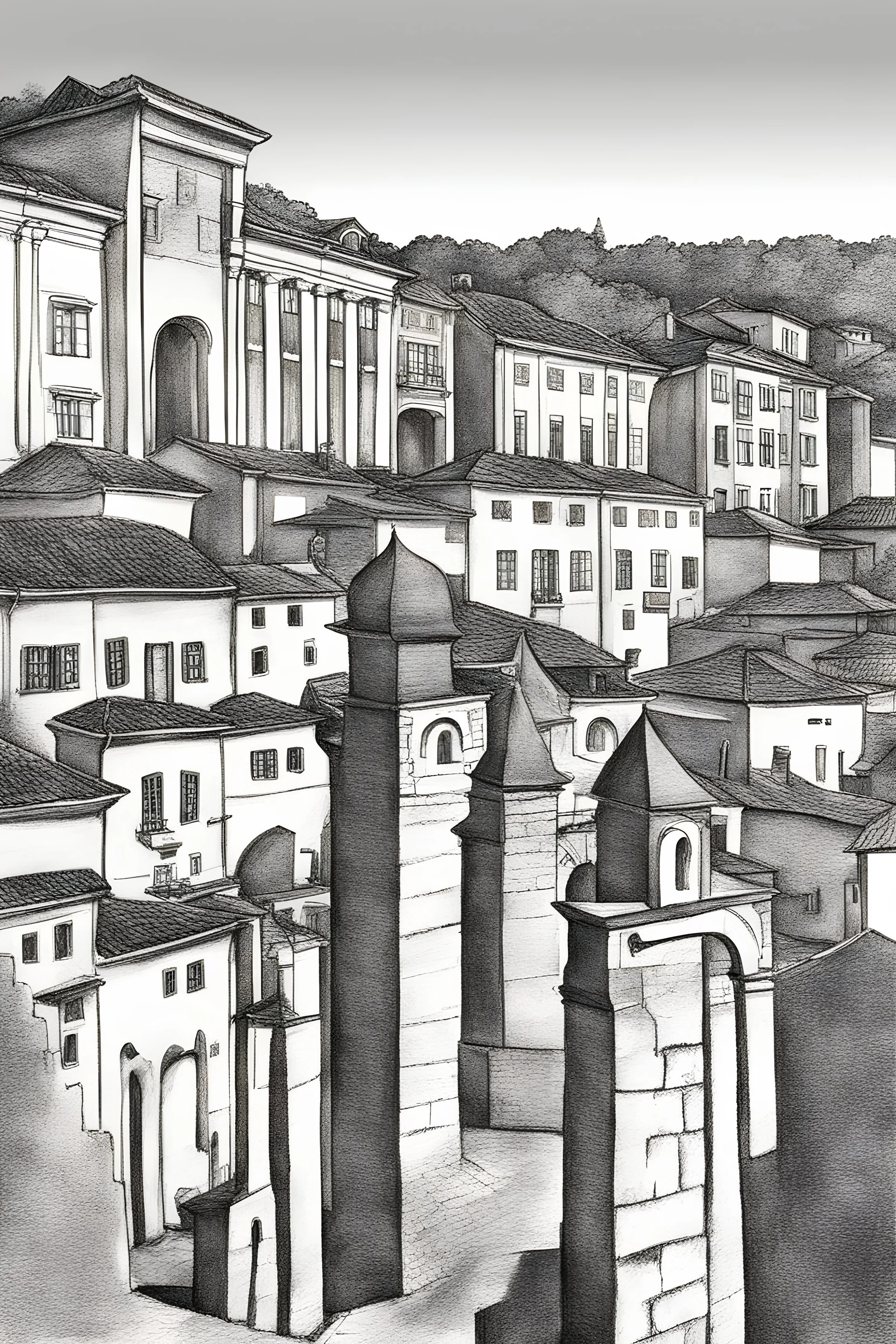 A charcoal drawing of Plovdiv ancient city