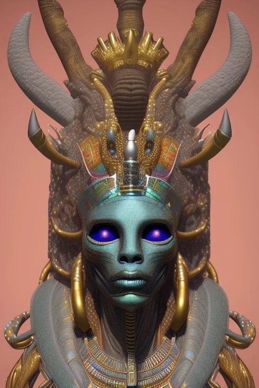 Aztec male African Egyptian alien, cracks in the voodoo head, wicked, eyes, crown, Elephant, 8k, finely detailed, photo realistic, tiger turquoise skull head gold dragon space alien snow skeleton gold hornytoad silver crown silver eyes