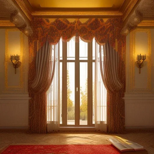 house arabic marbre wihte floor with golding details ,big window , fontains , bougainvillea red , Library ، Silk curtains ، Silk curtains ، morning light ، Decorative oil burners ، 4k , realistic , cinematic , morning light ، reflection