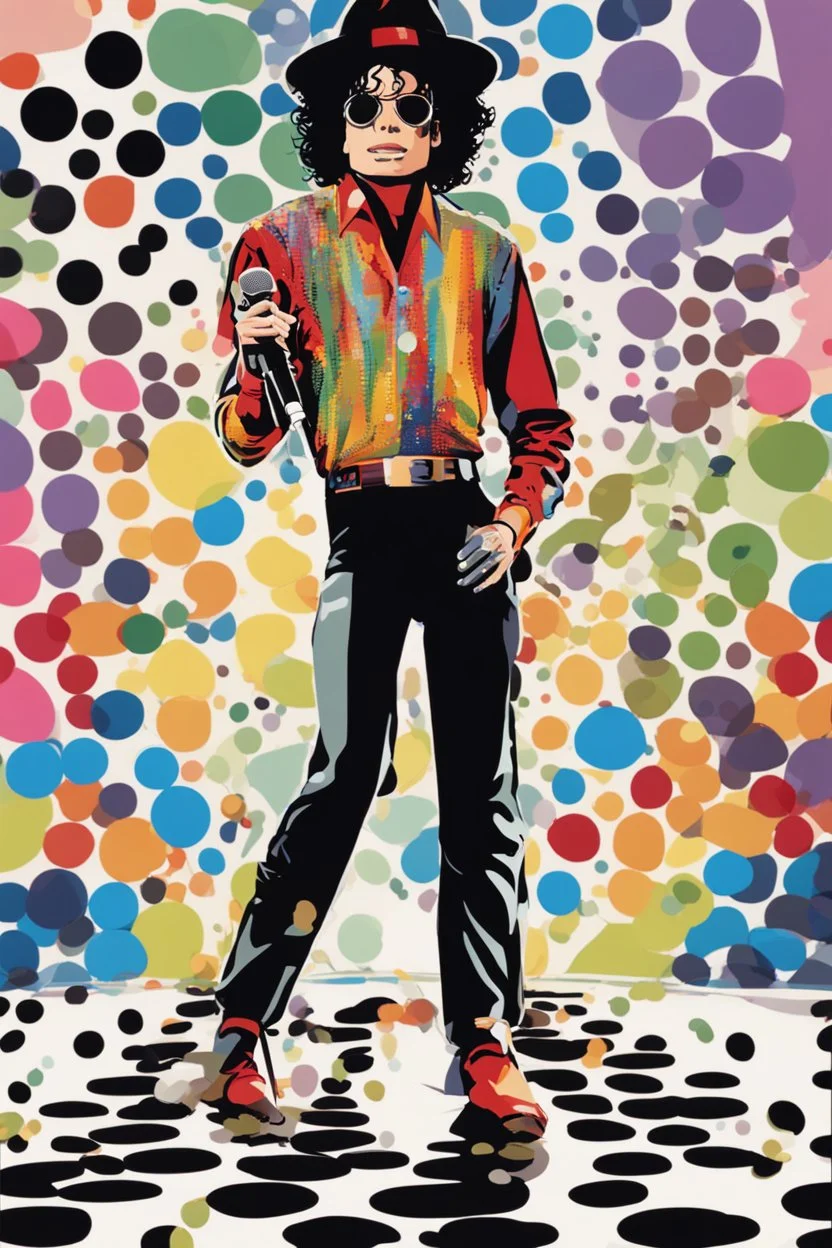 colorful Illustration of a michael jackson microphone in hand and looking at the camera. Polka dots in the background. by munch