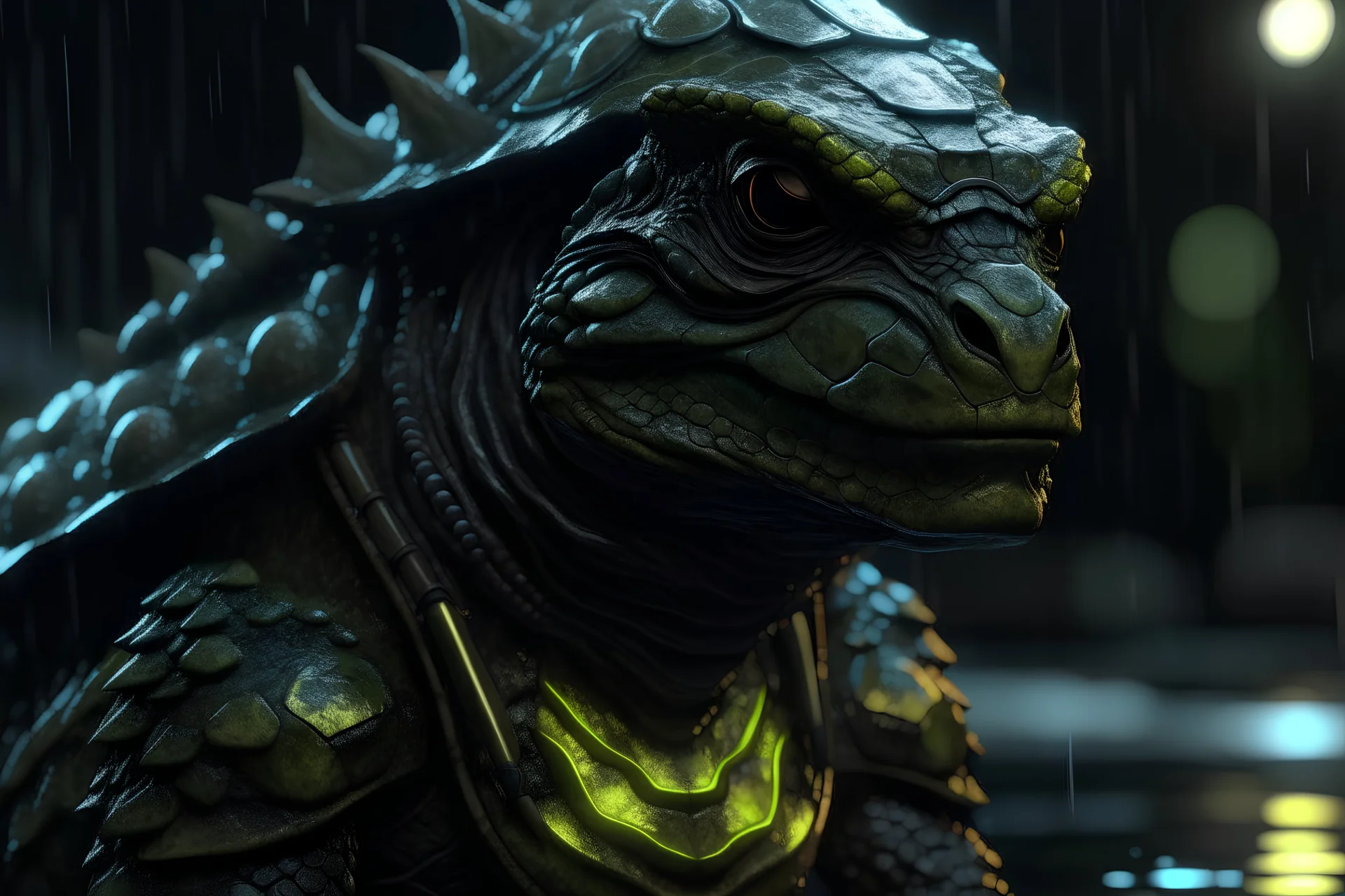 Demonic turtle monster in 8k solo leveling shadow artstyle, machine them, close picture, rain, intricate details, highly detailed, high details, detailed portrait, masterpiece,ultra detailed, ultra quality