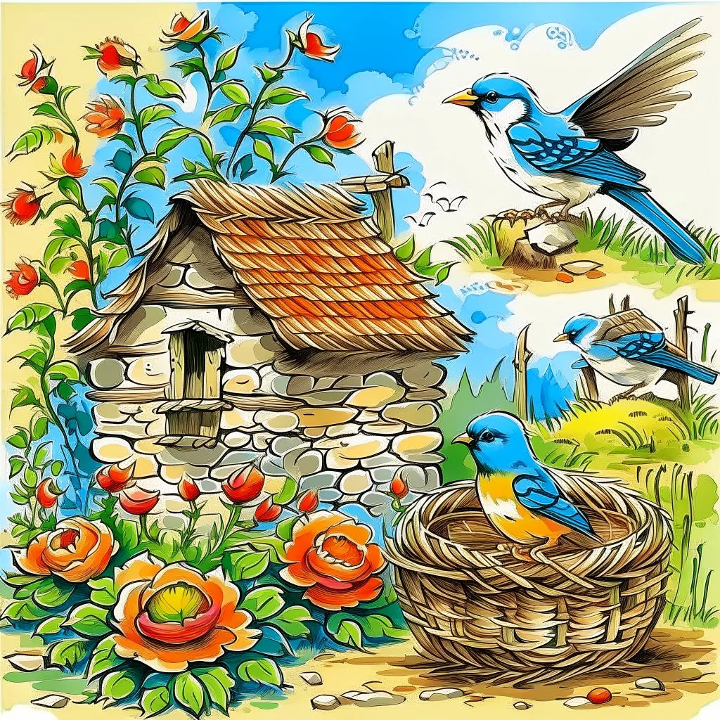 An old stone farmhouse, under the tiles a swallows' nest, in the nest three baby birds, a swallow flies around the nest, hollyhocks along the walls, hay, a cat watching the birds, pension sketch