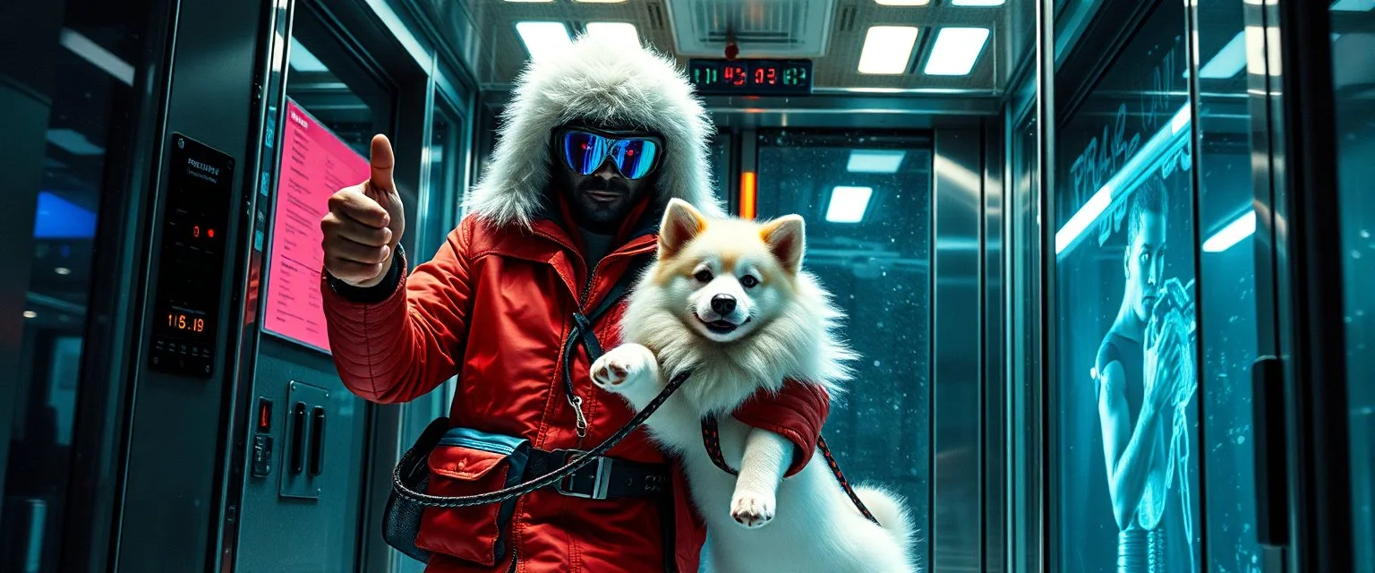 frankie picks up and carries rasta bad ass criminal frost cyberpunk bard into hi tech glass elevator, he give a thumbs up with blue driving glowes, holding an calm fluffy eskimo dog on a leash