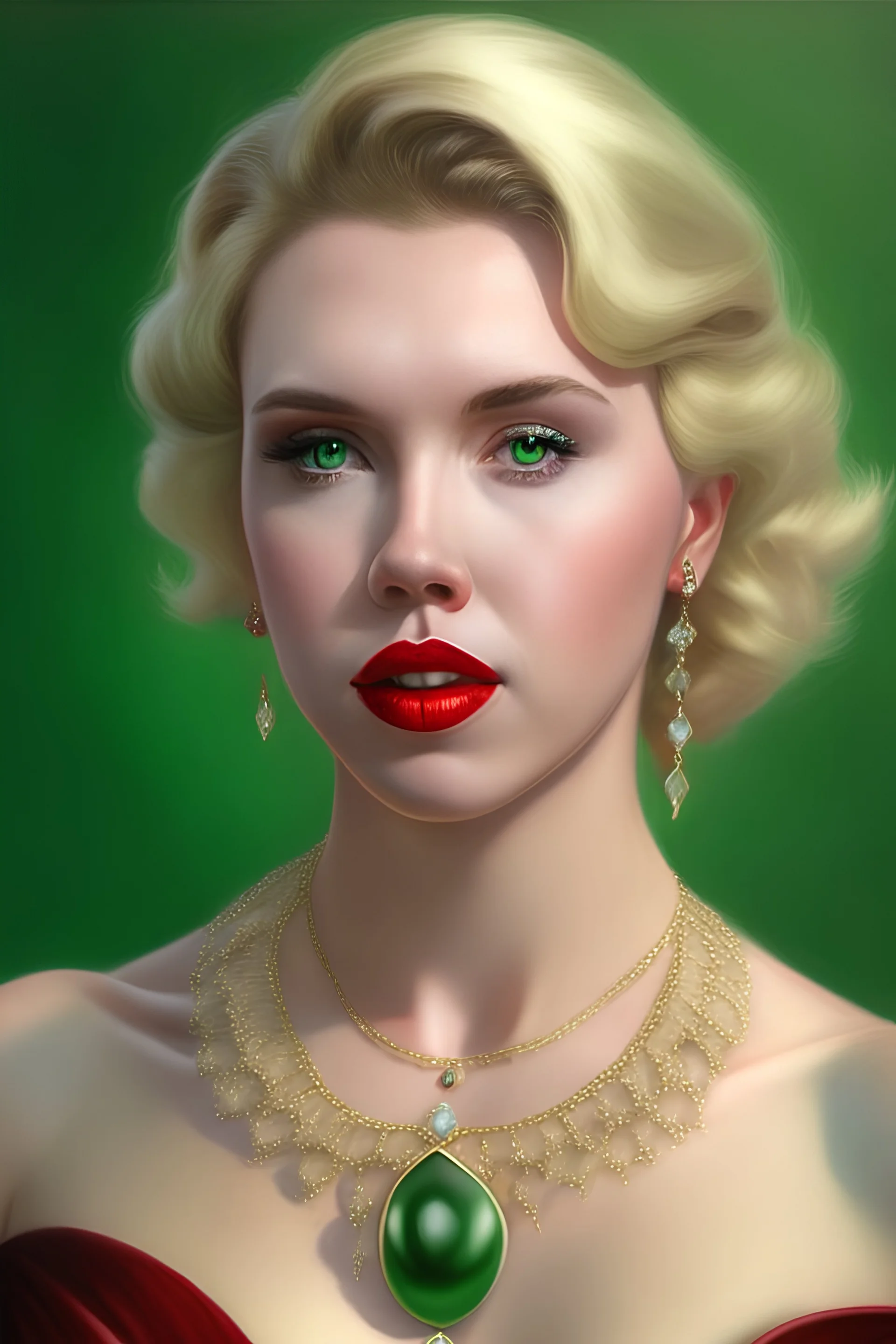 A beautiful scarlett johansson with white skin, blonde hair, red cheeks and lips, wearing an elegant dress, wearing a necklace and earring made of green sapphire and gold