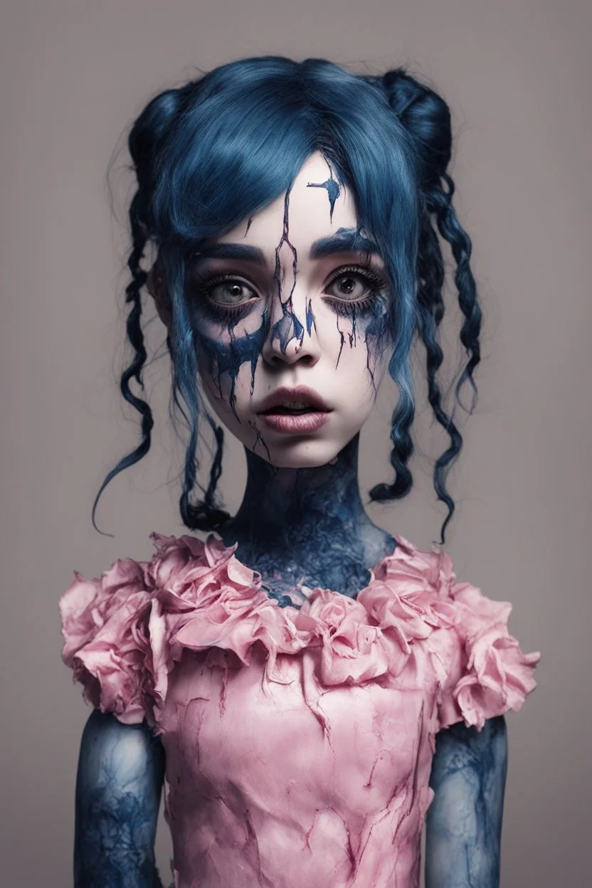 full body color, illustration of a darkblue and pink tones, menacing, Singer Melanie Martinez face, as a decayed, broken, skin turned translucent, black veins that extended like roots beneath her skin, latex suit, crude homemade cloth doll toy, with a narrow cracked porcelain face, thick dark eyebrows, hair in two gradually, made from ragged strips of cloth, in the style of Alex Pardee, Tim Burton, and Nadya Sheremet