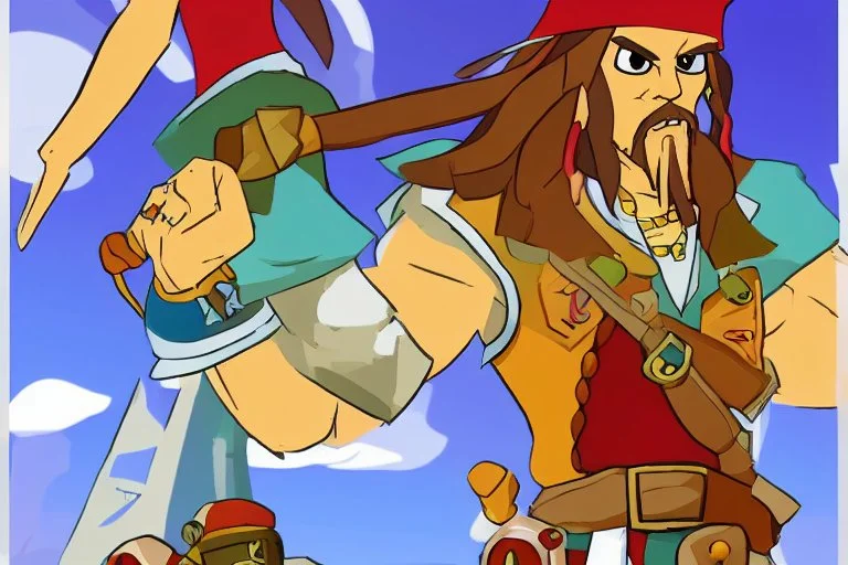 Cartoony and muscular Captain Jack Sparrow, Legend Of Zelda: Wind Waker style, stylized, colorful, adventurous.