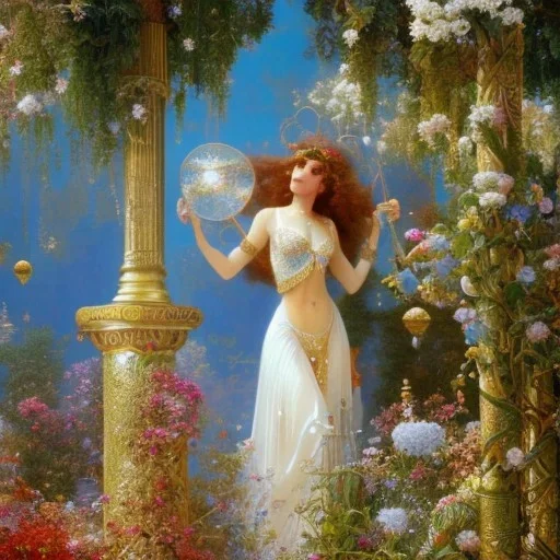 Hyperdetailed oil on canvas, young robyn lively by an ornate fountain, goldfish pond, lotus, detailed face, long muti-hued red curly hair; by gaspar camps, maxfield parrish, alphonse mucha, cyril rolando, dan mumford; luminous colorful sparkles, glitter, airbrush, octane render, volumetric lighting, 16k