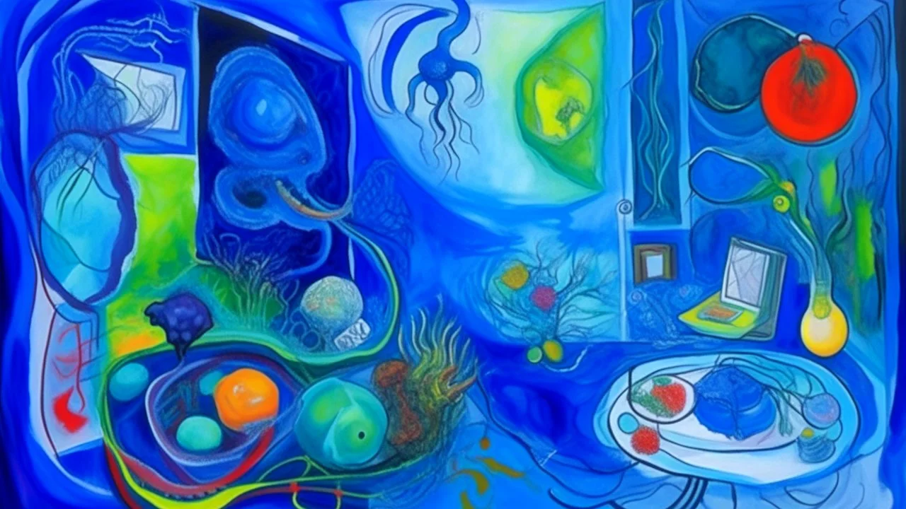 a painting displayed in a room, interconnections, cornucopia, blue atmosphere, chaotic composition, interconnected human life forms