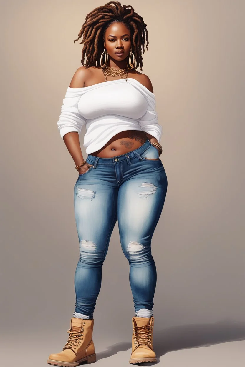 Create a watercolor image of a curvy black female wearing tight cut up jeans and a off the shoulder white tshirt with timberland boots. Prominent make up with hazel eyes. Highly detail dread locs