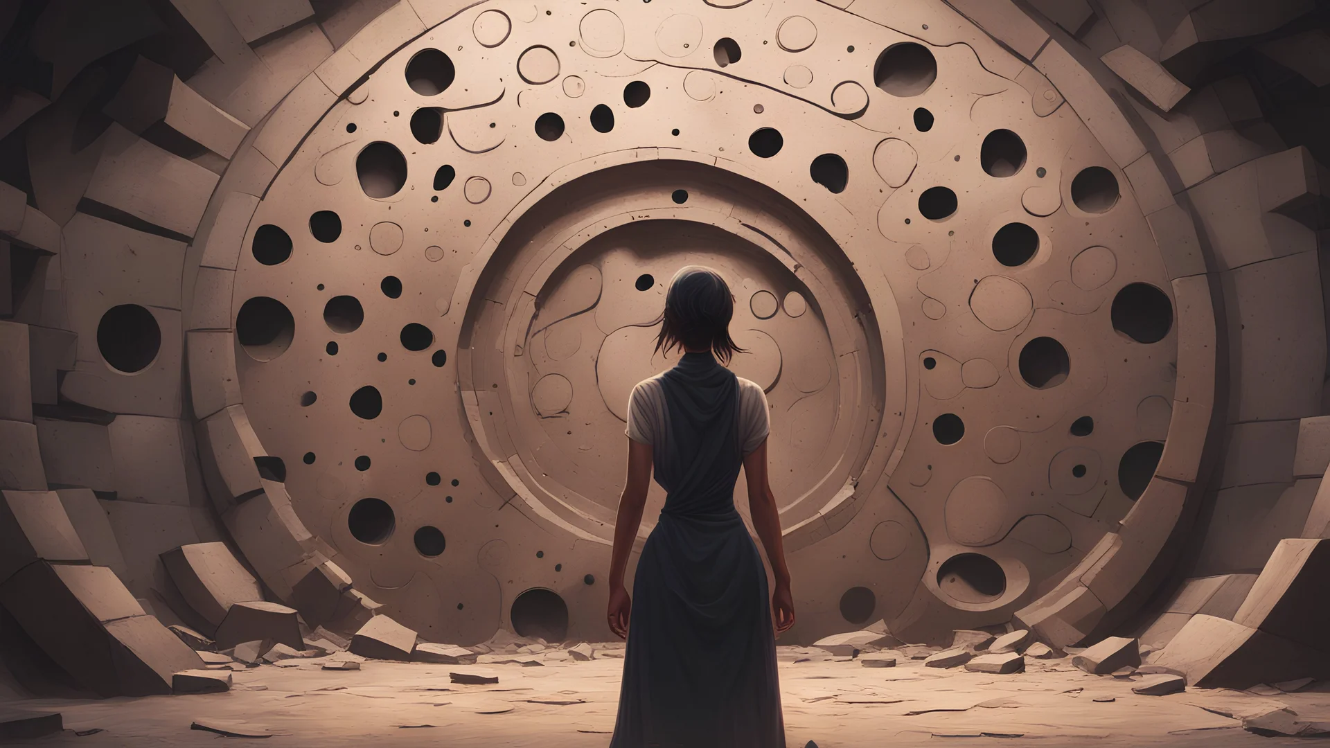 Woman in front of a wall with several circular holes of different sizes, concept art by Noah Bradley, Darek Zabrocki, Tyler edlin, Jordan Grimmer, Neil Blevins, James Paick, Natasha Tan, highly detailed, ultra detailed, ultra realistic, trending on artstation