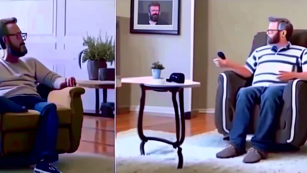 man sitting ALONE in his lazy boy chair at home argues with his AI clone on the phone