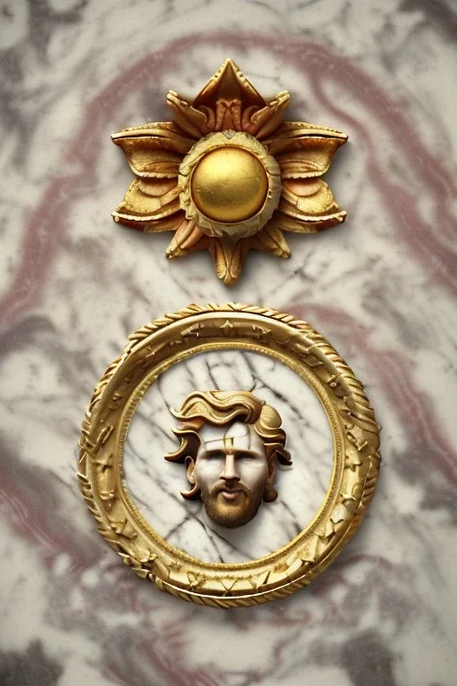 Ultra Realistic image, Roman sculpture, white marble material, Lionel Messi, gold Laurel leaves wreath, renaissance ornaments, one gold star in heart, sun ornament, marble and background, chisel style, waist up portrait, emperor style, epic, celestial, cinematic lighting, God light, god rays, 4k resolution, smooth details, ornate details, soft lighting, unreal engine 5, art station, substance 3d.