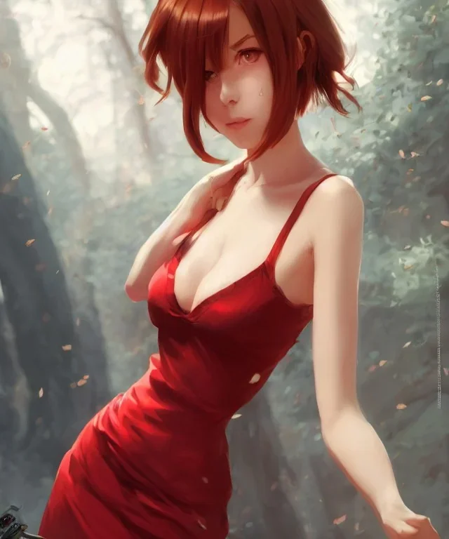 Insane pretty young woman short red dressed. by wlop, ilya kuvshinov, krenz cushart, greg rutkowski, pixiv, sarah j. maas book cover style magician at the end of a corridor, smooth, sharp focus, d & d style, artstation, 4 k, hdr