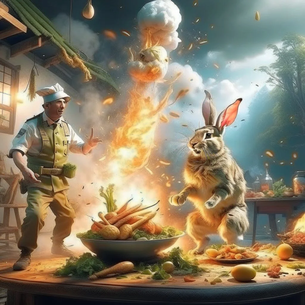 portrait of crazy cook and army officer shooting food with ligtening inside grove with huge fluffy levitating yoga hare with mutations getting blasted by explosions, 4 k, down-light, soft light, depth of field, photo realism, trending on art station, high detail, spray paint