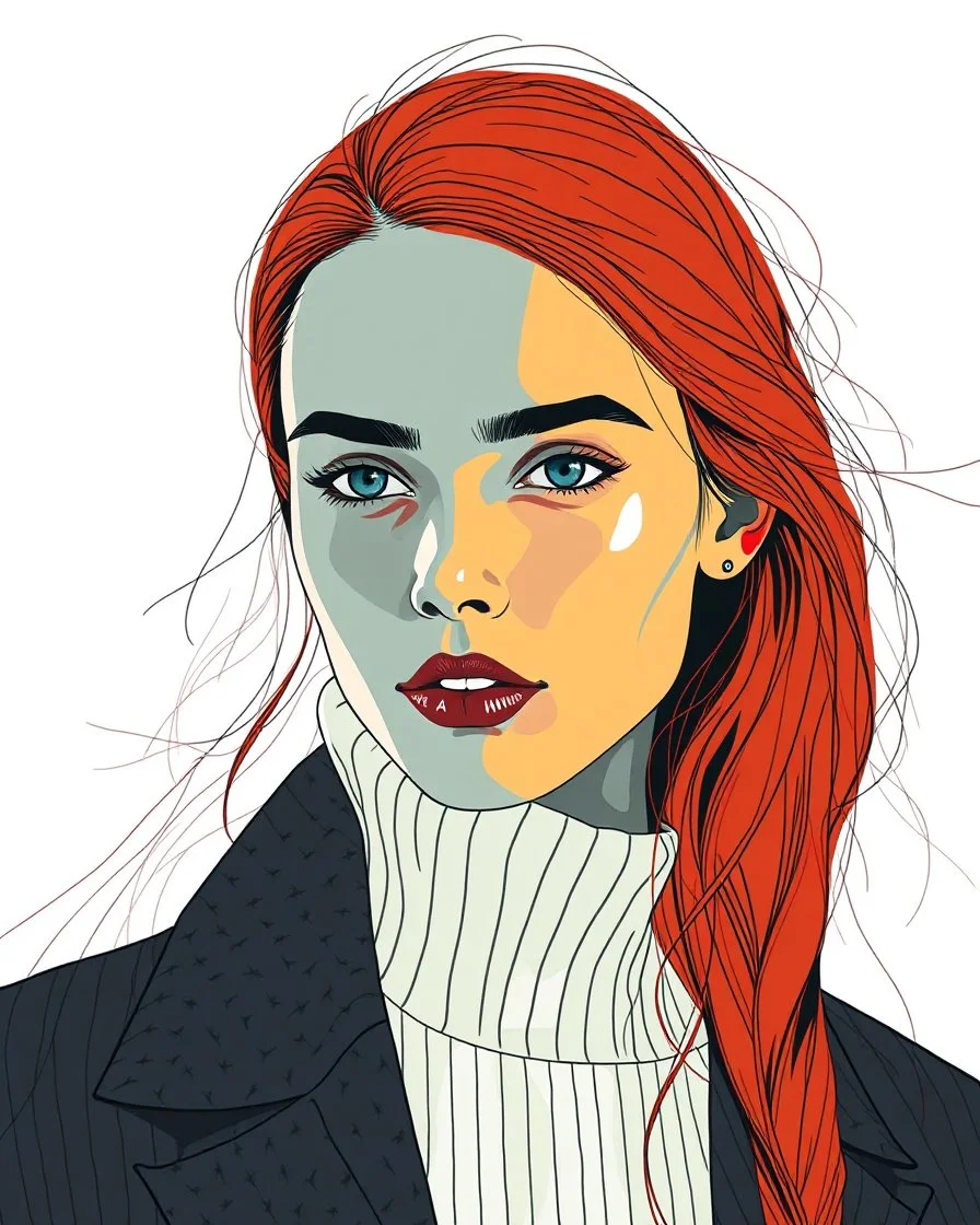 Wide portrait of a nordic fashion model, colours, line drawings and shapes over the image inspired by Laszloc Maholy-Nagy
