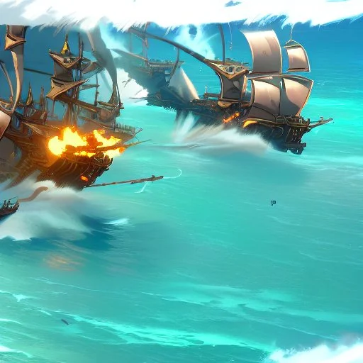 two pirate ships fighting each other at sea. They fire cannons at each other and one ship is hit and burns.