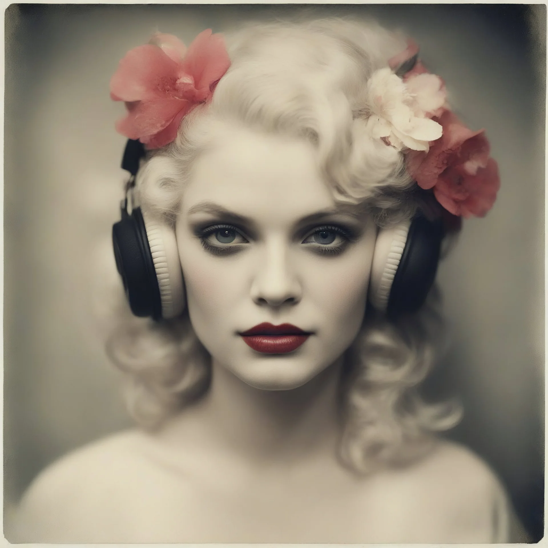 Grunge Polaroid head shot of doll-faced jean harlow, natural pouty lips, red nose, hair adorned with flowers, rosy cheeks and rosy nose, headphone