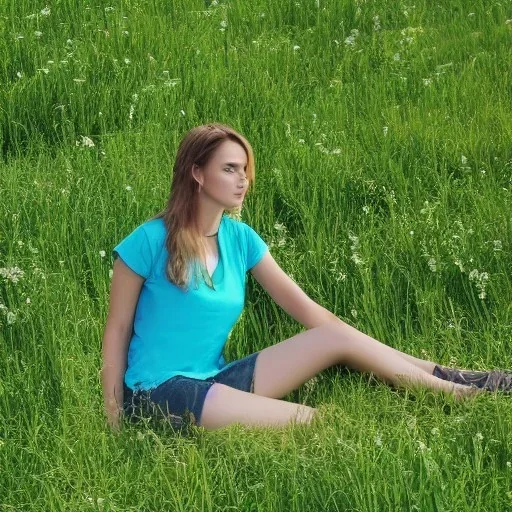 gorgeous young Swiss girl sitting standing in green field, mountain, sun, wearing blue shirt over, open arms, realistic eyes, unreal engine, photograph, realistic skin texture, photorealistic, hyper realism, highly detailed, 85mm portrait photography