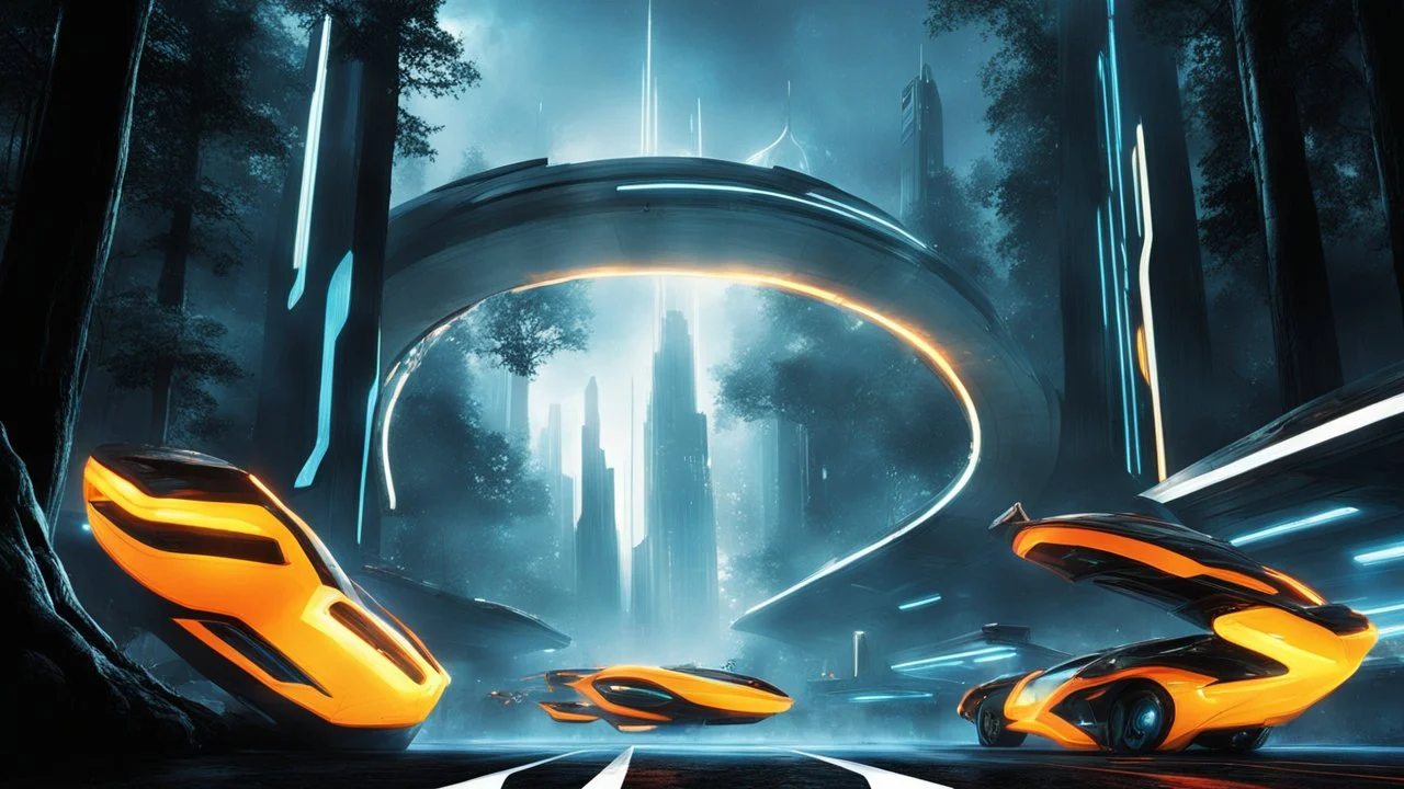 tron legacy movie, creatures,, space ships, city of the future, trees , forest, yellow, blue, red, orange