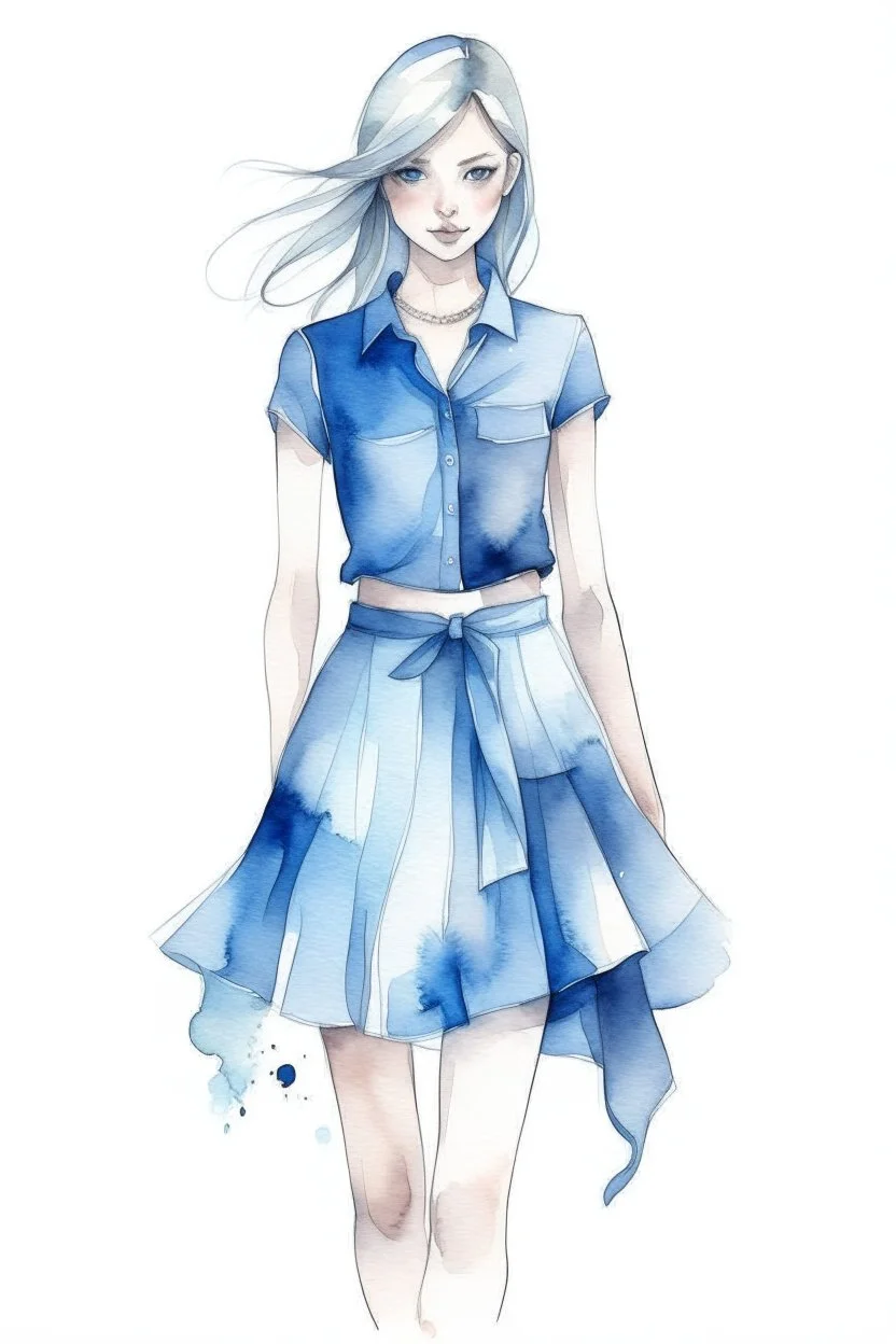 Watercolor fashion blue short skirt and blue top sketch