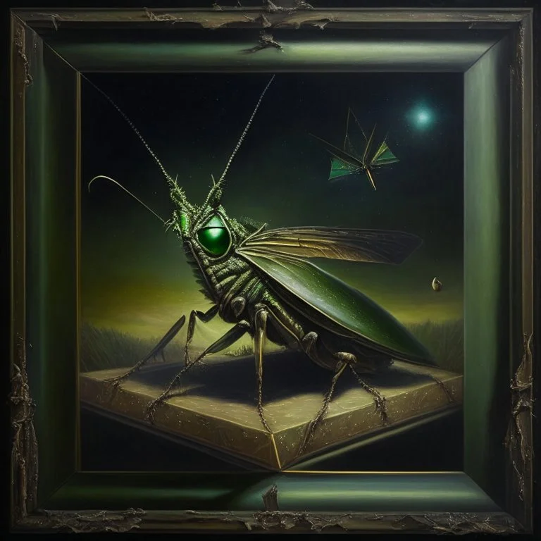 An oil painting of a dark universe masonic grasshopper