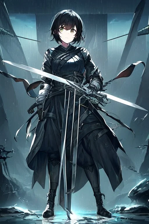 Anime girl with short black hair and sharp green eyes, holding a pike, full body black and white metal plate armour, full body shot, Dramatic lighting,1woman, soaked in blood, Warrior, standing pose, sword at the waist, close shot