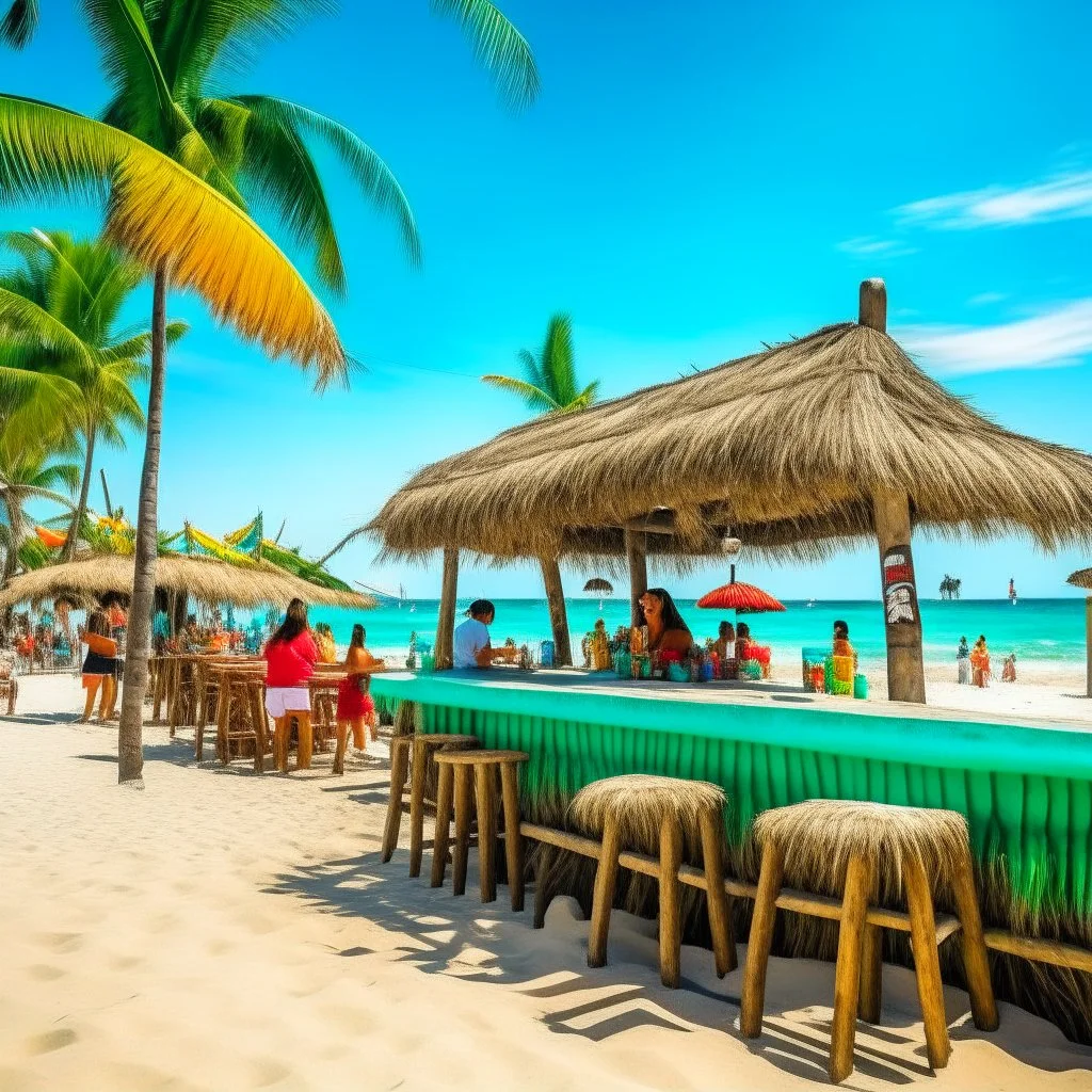 thatched awning tropical beach bar with a coconut Jimmy Buffet theme, busy with tourists in Hawaiian shirts, white sand and coconut trees in background, azure blue water