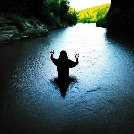 dark human shadow float in sky. scared people. river. river rock . valley . night