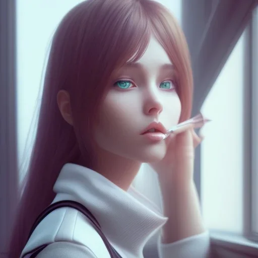 female student studying by the window, anime style,perfect face, cool face, ultra detail, unreal engine 5, cinema4d, sun light, studio lighting --ar 1:1 --v 4