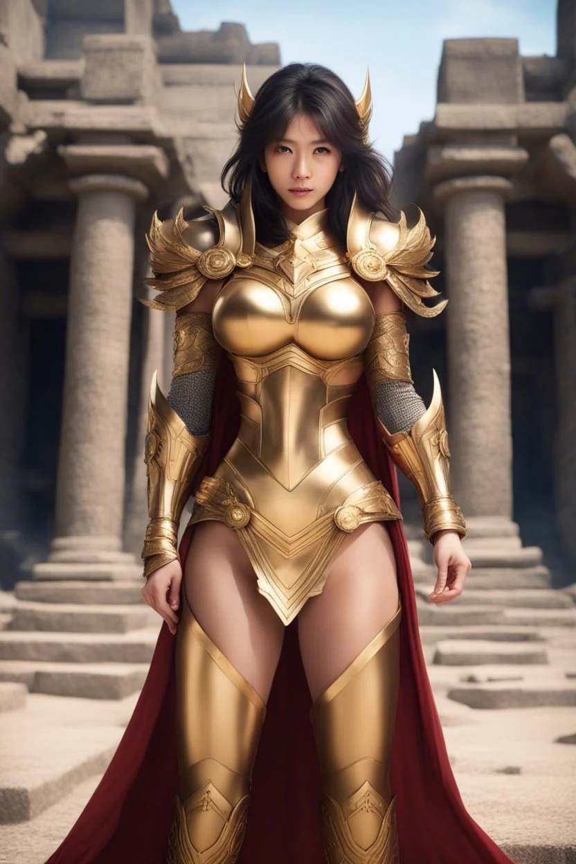 super beaty woman, good body, big bubs, nice body, model style, milf, dress a small golden armour, saint seiya influence, asiatic, cape, rude mode, stay on ansient temple ruins.