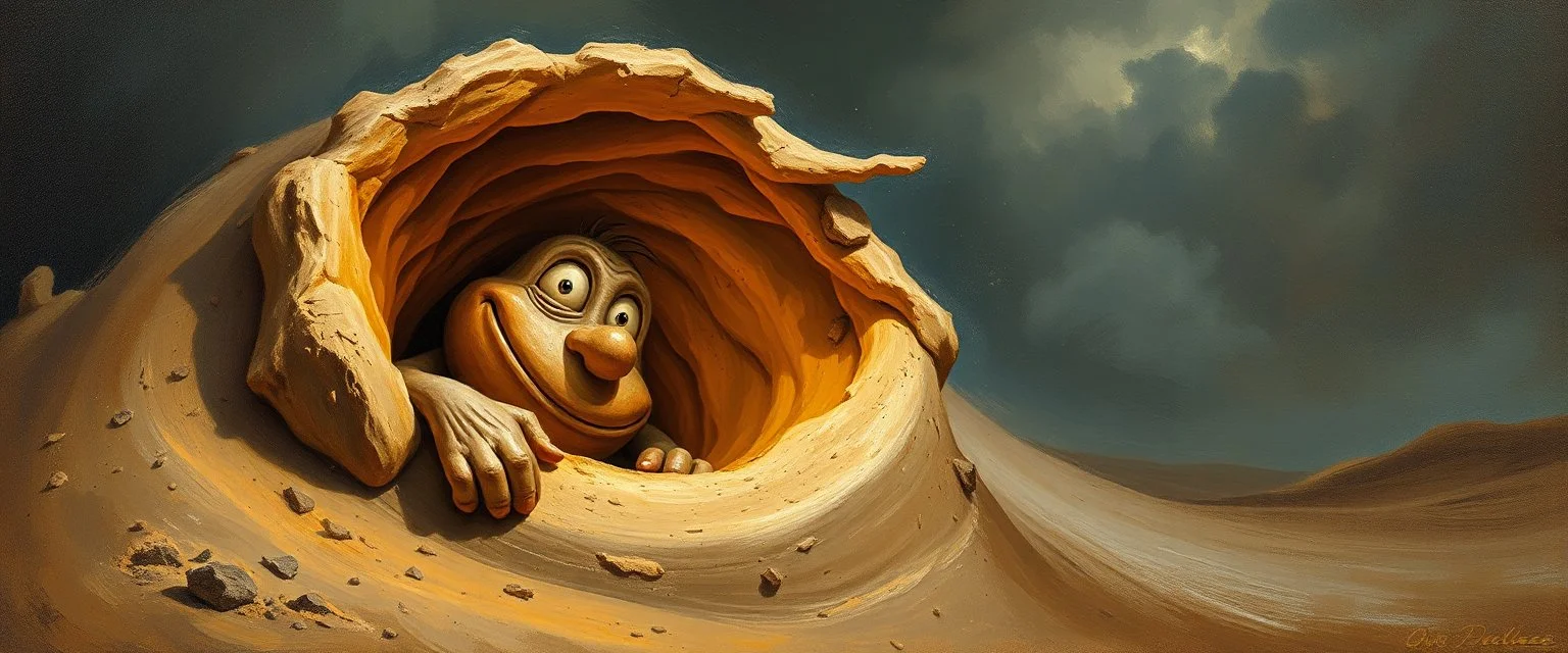 master oil painting by Rembrandt, good afternoon clay golem peeking out of a sand twister whirlwind, in the style of disney
