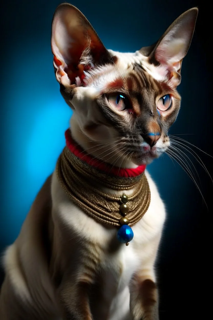 stunning 3D render illustration that brings a masterful painting to life, depicting a regal long. Slender. Sphynx-like, wedge headed, Siamese cat with large ears, dressed in exquisite vintage attire. Its stunning short, close fur, featuring a blend of tan and brown, accentuates with its dark brown colored facial mask with mesmerizing blue eyes. The cat wears a red jacket with gold buttons, a white ruffled collar, a red scarf, . The background transports us to a dimly lit tavern or bar setting,