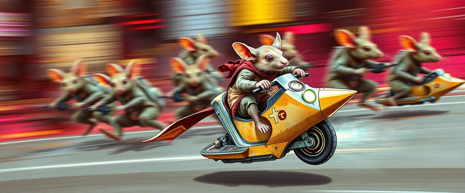 hi speed rocket ship on leaning scooter in a swing, coated rat gremlin captain in high speed pursuit among neon rat cyber soldiers, with background motion blur, airbrush and pen outline