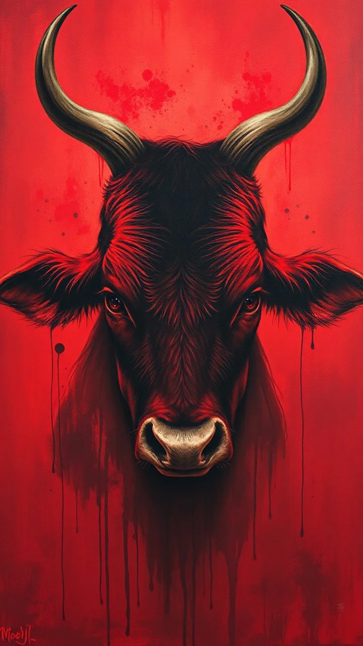 Bosch style painting , A shadow of a spirit inside a bloody red cow head with eyes open wide details on red bloody background