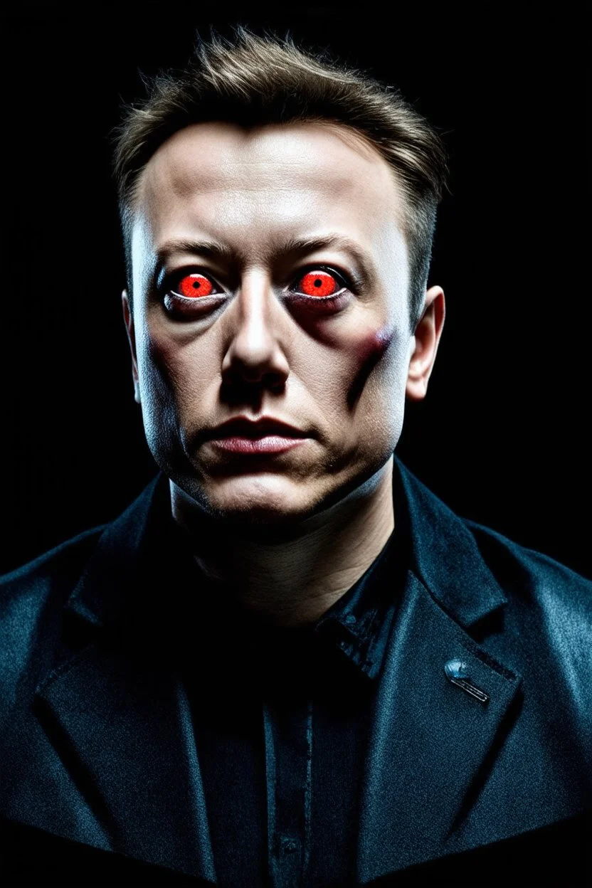 Portrait of Elon musk, scary cyborg face, one red eye