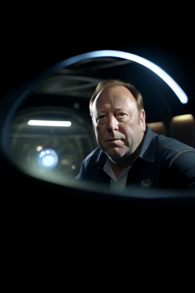 Alex Jones in live news experiencing mach 5 in small space pod going through future portal, ,shot on Hasselblad h6d-400c, zeiss prime lens, bokeh like f/0.8, tilt-shift lens 8k, high detail, smooth render, down-light, unreal engine, prize winning