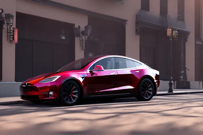 A Tesla 'Model S' is parked, near the building of the 'Friends' series in New York. (CINEMATIC, WIDE ANGLE LENS, PHOTO REAL)