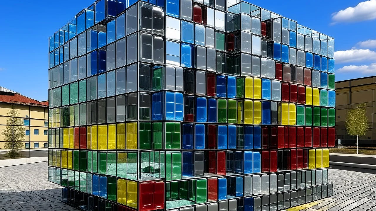 A CONSTRUCTION THAT MIXES HOLLOW CUBES WITH GLASS SPHERES INHABITED BY DIVERSE PEOPLE