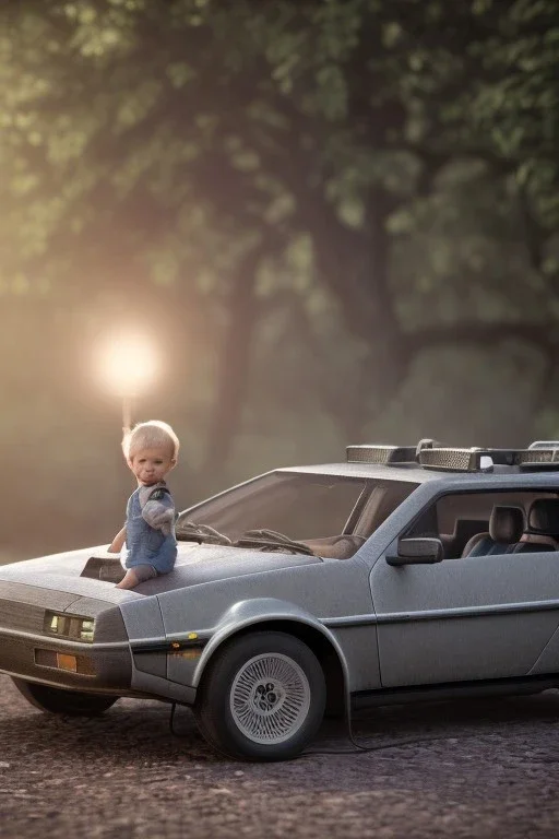  toddler, dramatic lighting, hyper-realistic, full body, Delorean