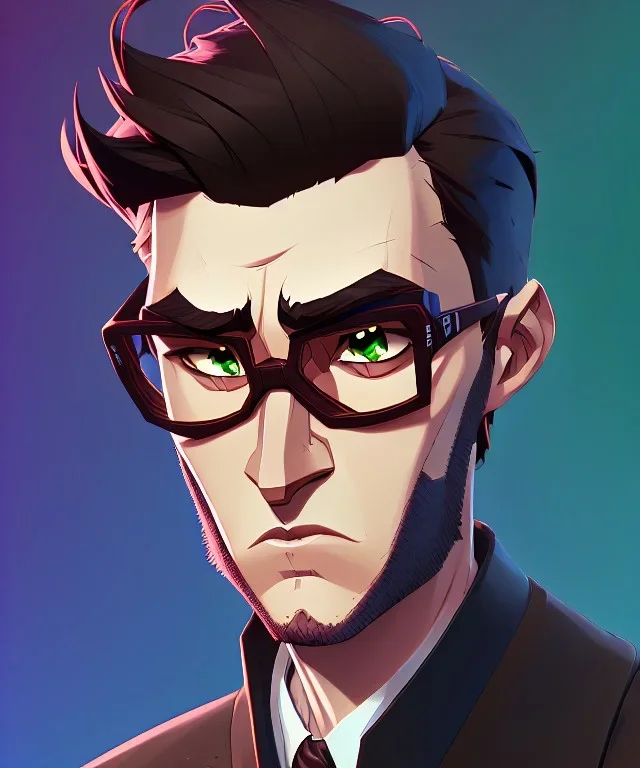 Fit man in round glasses, wavy hair, stubble, smurk, slim, tie, monotone, green eyes, comic book style, two tone colours, detailed, ink, realistic, handsome, square jaw, big brows, no jacket, bird on the shoulder, spotlight