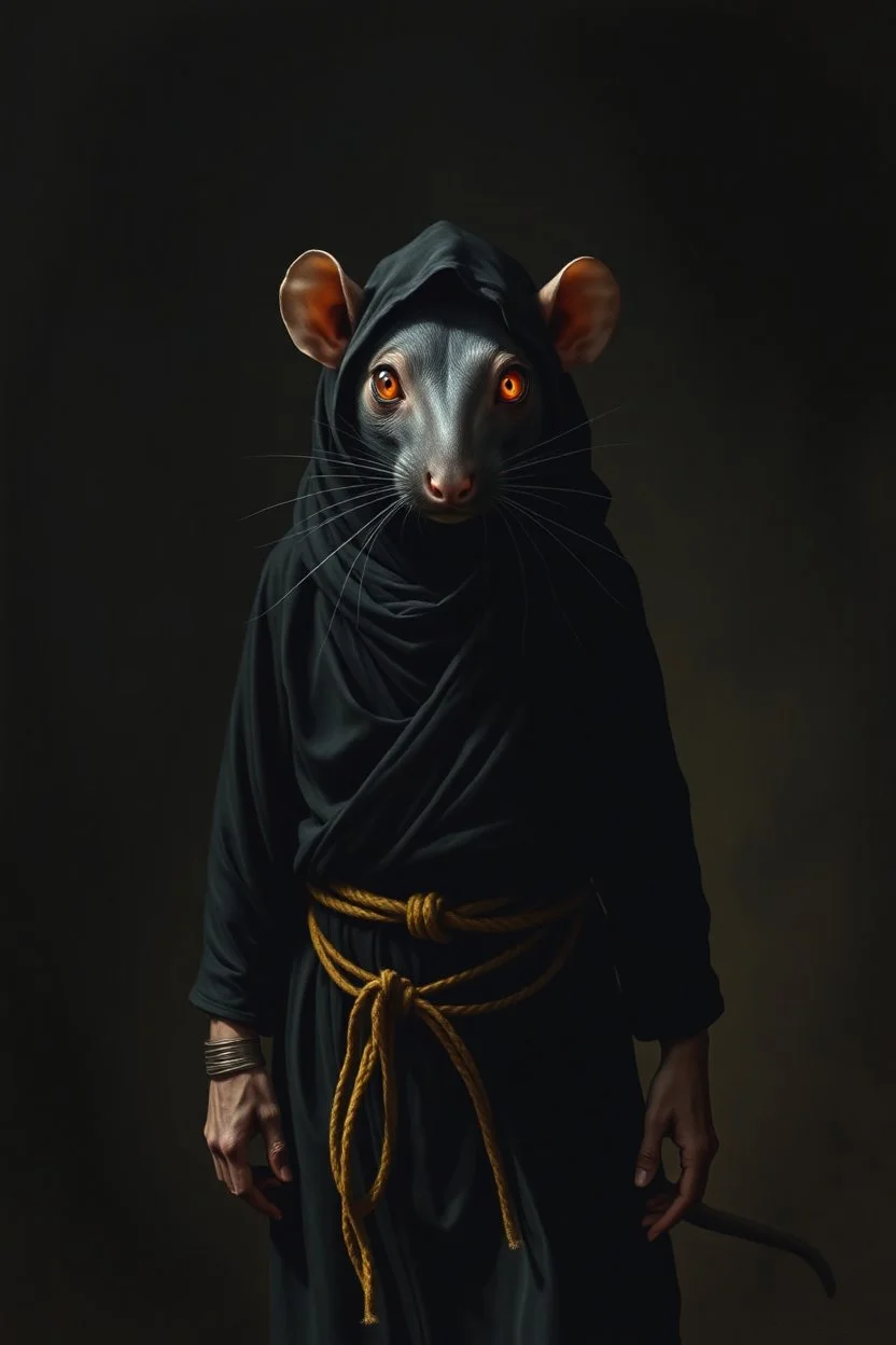 the yoga rat man, big black iris eyes with yellow glints, ou’re looking at someone who doesn’t just walk into shadows—they belong to them. The black robes cling like a second skin, the belt tied tight with gold thread that catches the light only when he moves. His face is wrapped, but not hidden—his eyes glow like embers, red and steady, as if he’s already seen what waits inside the cave. The tail curls behind him, not in fear, but in readiness. He doesn’t need a torch, by Rembrandt