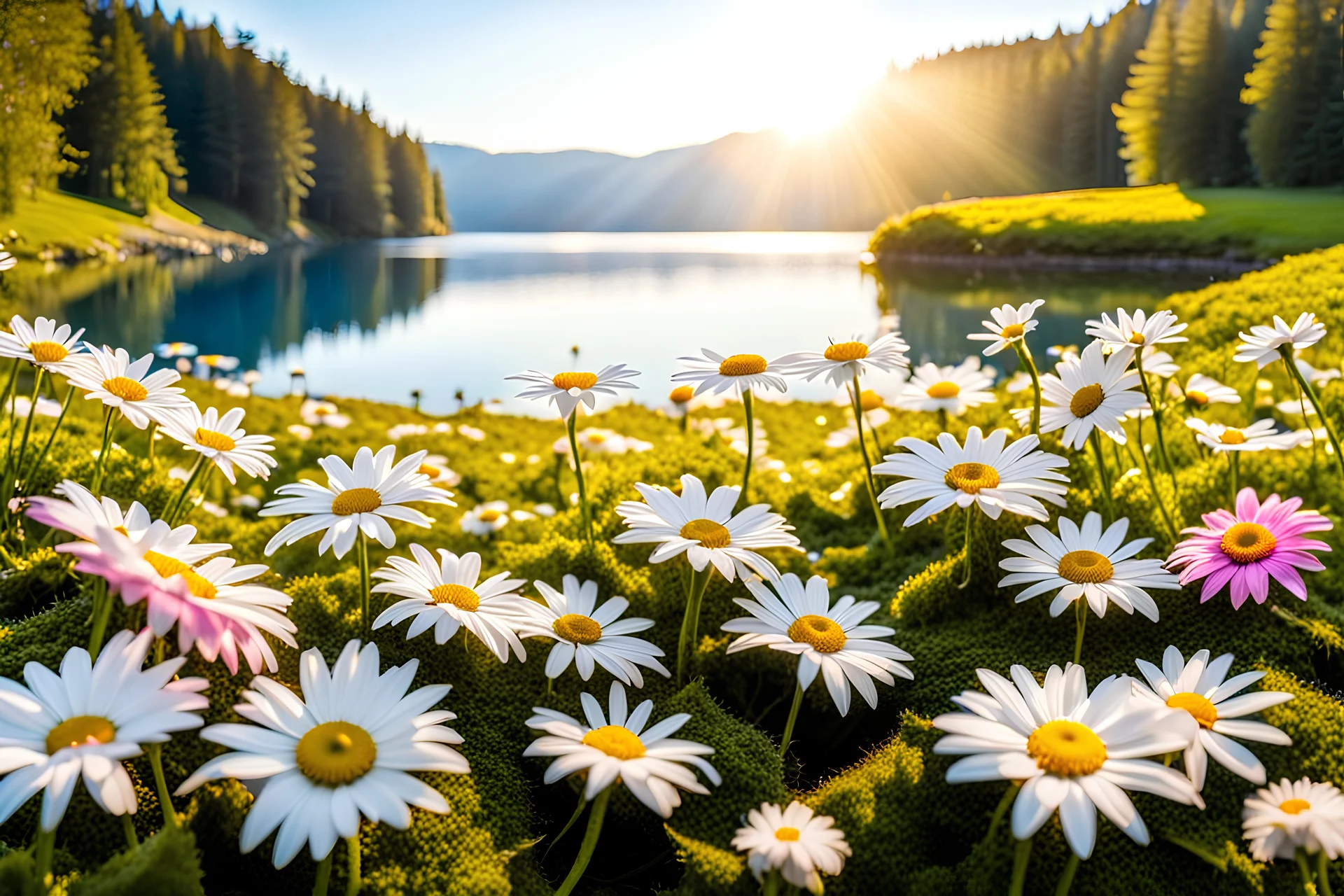 beautiful field with daisies, white or pink or blue light effects colors, sun, realistic, very detailed, daisies flowers on a moss mat around a peaceful lake, high contrast, 8k, high definition, concept art, sharp focus