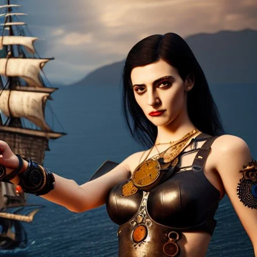 realistic, young spanish model pointing with a old pistol,short black hair flowing. holding a sword. black tatoo on arm. dressed a steampunk pirate, bra with carved leather. Salvador dalì style. Ships in background with high details. 4k, unreal engine.