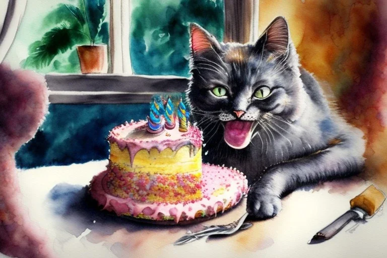 Smiling cat is having a birthday cake. Highly detailed, smooth colours, realistic landscape. Aquarell