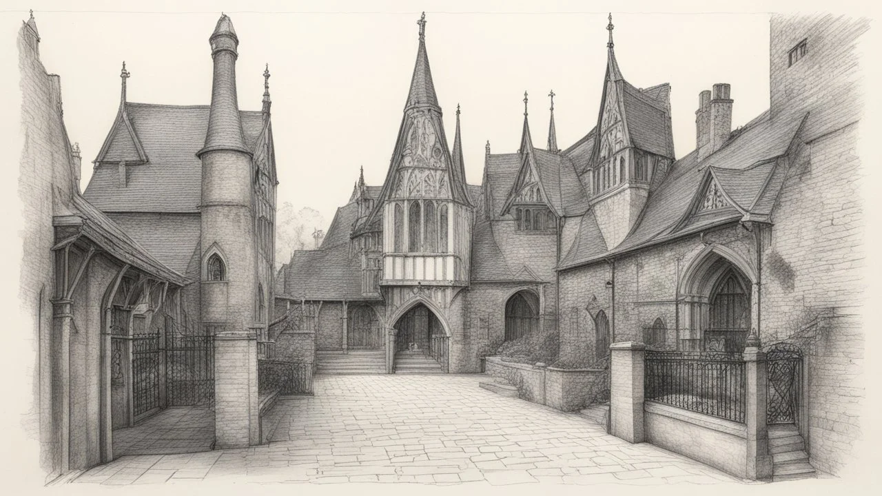 Pencil sketch of a paved courtyard with Tudor Gothic houses, tall chimneys, crooked roofs