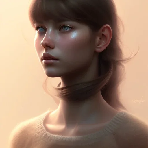 girl, cute, young, teen, brown hair, brown eyes, medium hair, bangs side part, head and shoulders portrait, head and shoulders portrait, 8k resolution concept art portrait by Greg Rutkowski,