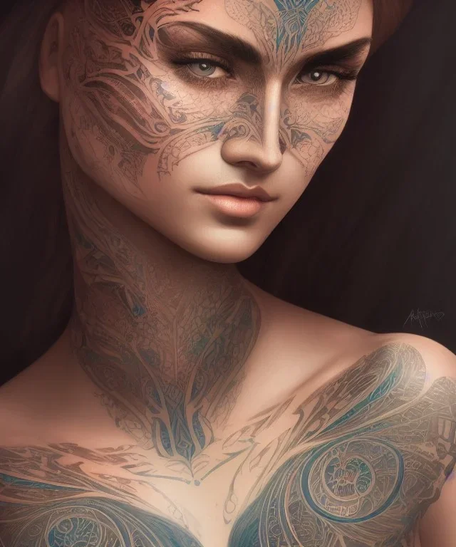 close-up face portrait of a maoripunk female, clear face, full multicolour tattooed, symetrical, fantasy, intricate eyes, elegant, rim light, highly detailed, digital painting, artstation, concept art, matte, sharp focus, illustration, art by artgerm and greg rutkowski and alphonse mucha