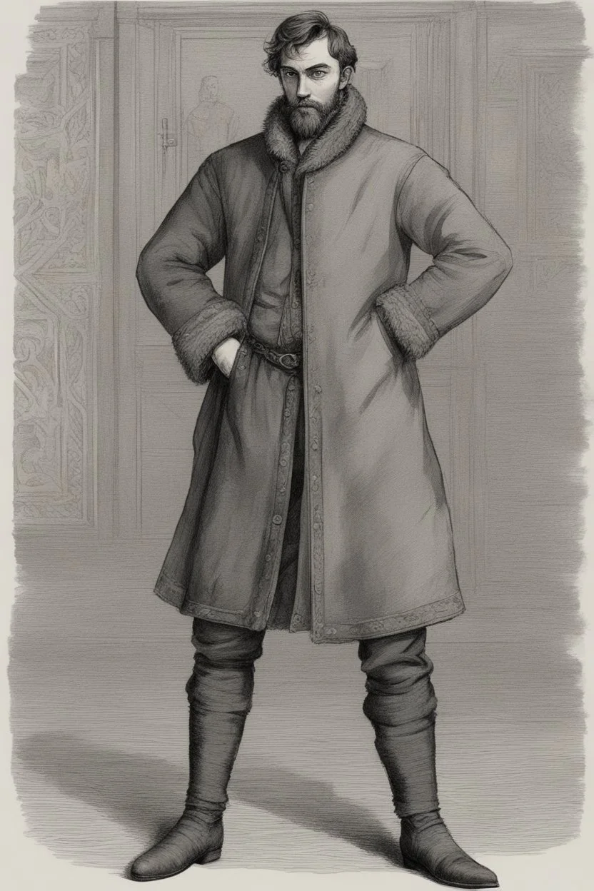 age 20, man, medieval, fighter, russian, croocked nose, czar, rich, simple clothes, short messy hair, thick beard, oligarch, brocade coat with fur, brocade clothes, pencil drawing, muscles, 20 years old, medival leather bootsspitz, gewand aus seide