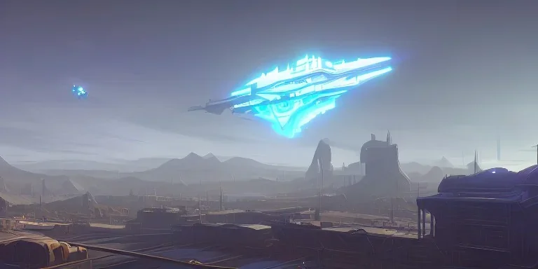 Big Industrial Area in valley and three big Starship flying above